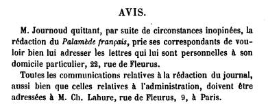 L'annonce du départ de Paul Journoud de la rédaction du Palamède français en mars 1865